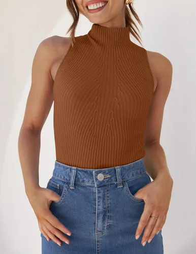 Miniatura 2 de ZESICA Camisetas sin mangas de verano para mujer, cuello de tortuga, de punto acanalado, ajustadas, básicas, casuales