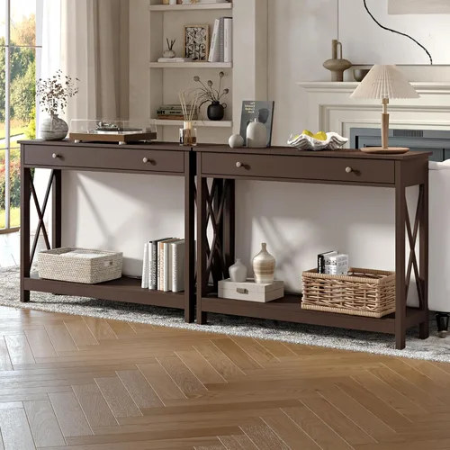 Miniatura 5 de Mesa de consola Treocho Espresso con cajón y estantes de almacenamiento, mesa de sofá estrecha para entrada, sala de estar, pasillo