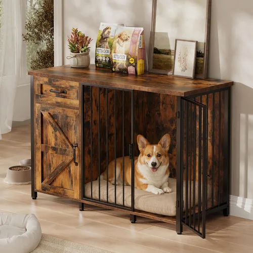 Miniatura 9 de kepptory Caja grande para perros de 48 pulgadas con 3 cajones de almacenamiento, perrera de madera con divisor removible, mesa auxiliar de perrera