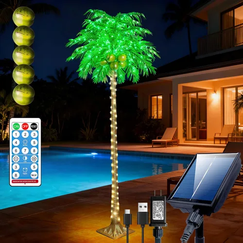 Miniatura 10 de Palmeras iluminadas de 5 pies con control remoto, 35 colores cambiantes, palmeras artificiales iluminadas con cocos, palmera tropical para piscina