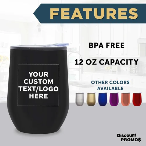 Miniatura 2 de DISCOUNT PROMOS Vasos de vino personalizados sin tallo de 12 onzas, juego de 6/12/24, paquete a granel personalizado, aislados, perfectos para vino