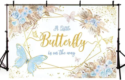 Miniatura 4 de AIBIIN Telón de fondo bohemio de mariposa para baby shower, de 7 x 5 pies, con texto en inglés "A Little Butterfly is on the Way", fondo de Azul
