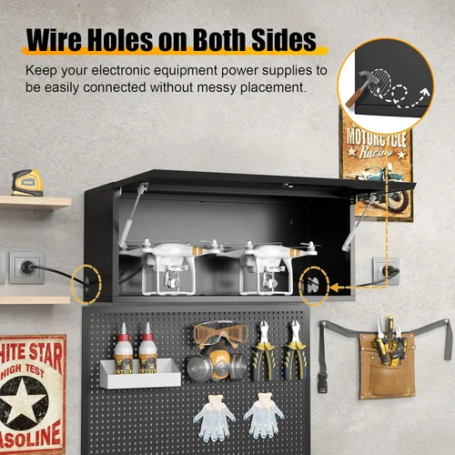 Miniatura 4 de Armario de almacenamiento de metal para garaje con puerta abatible, pequeños armarios de garaje montados en la pared con cerradura, gabinete de Negro