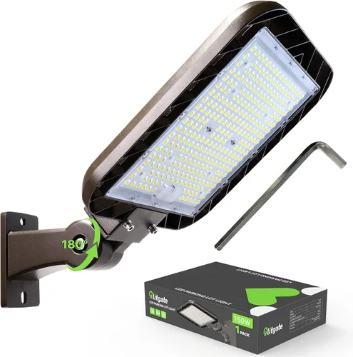 Glitgate Luz de estacionamiento de 150 W, 22500 lm, 5000 K, brazo ajustable, montaje LED para calle con fotocélula de atardecer a amanecer, 100-277
