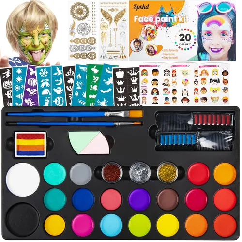 Kit de pintura facial para niños, 20 pinturas a base de agua, no tóxicas, para piel sensible, 100 plantillas, 3 brillos 2 tizas para el cabello, 2