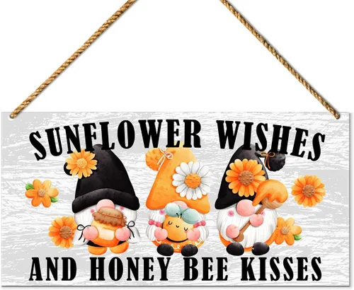Letrero decorativo para puerta delantera, deseos de girasol y besos de abeja de miel, letrero de gnomo de verano para decoración del hogar, porche,