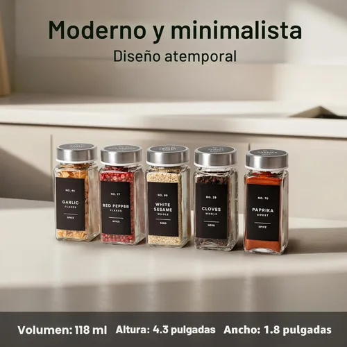 Miniatura 2 de EDELHAUS Tarros de especias de vidrio con etiquetas y tapas de acero (24 x 4 onzas), recipientes de especias con 240 etiquetas, embudo de acero