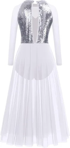 Miniatura 5 de AFAVOM Vestido de baile lírico para mujer, disfraz de baile contemporáneo, manga larga, malla de lentejuelas, falda de tul fluida, ropa de baile