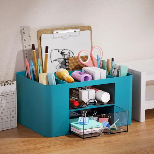 Miniatura 3 de Marbrasse Organizador de bolígrafos con 2 cajones, portaplumas multifuncional para escritorio, organizadores de escritorio y accesorios con 5