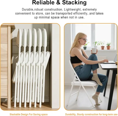 Miniatura 6 de Paquete de 4 sillas plegables blancas con cojín acolchado para exteriores, sillas plegables de metal comerciales apilables portátiles con marco