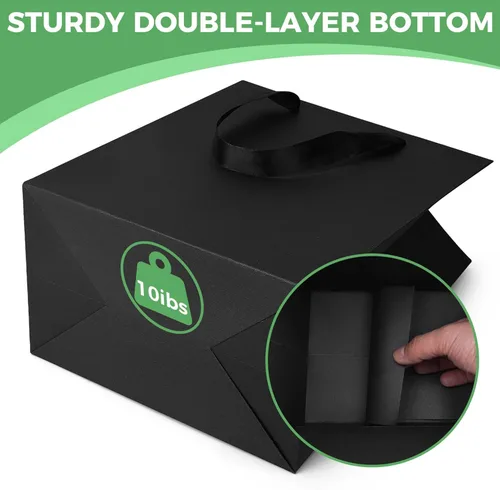 Miniatura 5 de PrimeSign Bolsas de regalo negras con asas: 8 x 5 x 10 pulgadas, paquete de 12 bromas de papel negro, a granel, para fiestas, compras, cumpleaños