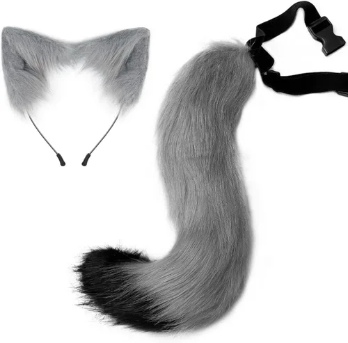 Miniatura 7 de Diadema de orejas de gato, juego de cola de zorro de lobo, hecho a mano, disfraz de animal para cosplay, tocado de piel sintética, accesorios