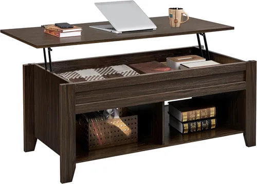 Yaheetech Mesa de Centro con Tapa Elevable con Compartimento de Almacenamiento Oculto y 2 Estantes Abiertos, Tablero Elevable Mesa Central Emergente