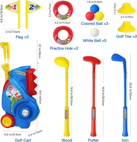 Miniatura 6 de Juego de golf para niños y niñas de 1, 2, 3, 4 años, carrito de golf mejorado para niños con 3 palos y 8 bolas, juguetes deportivos para interiores