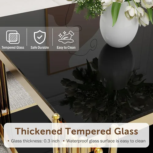 Miniatura 4 de Mesa de centro de cristal negro de 43 pulgadas, mesa moderna para sala de estar, acero inoxidable dorado, patas de metal, rectangular, de vidrio