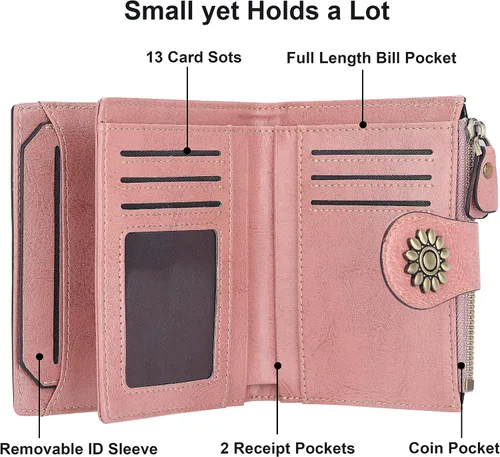 Miniatura 4 de Lavemi Cartera de cuero para mujer, pequeña, compacta, con bloqueo RFID, con bolsillo con cremallera