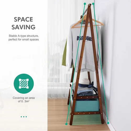 Miniatura 7 de Jotsport Perchero de bambú plegable para colgar ropa con estante de almacenamiento de 2 niveles para lavandería, habitación de invitados