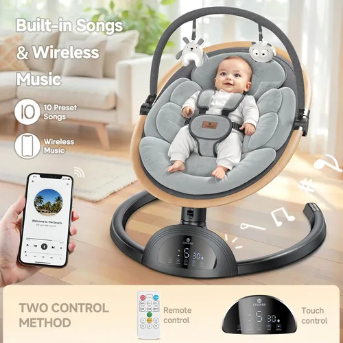 Miniatura 5 de Columpio eléctrico para bebés, columpio infantil con altavoz de música, 3 posiciones de asiento, 5 velocidades y control remoto para recién nacido