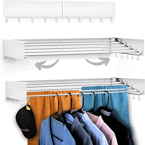 Estante de secado de ropa montado en la pared, retráctil y plegable, 80 cm de ancho, 4 metros lineales, 5 varillas de aluminio resistentes, Blanco