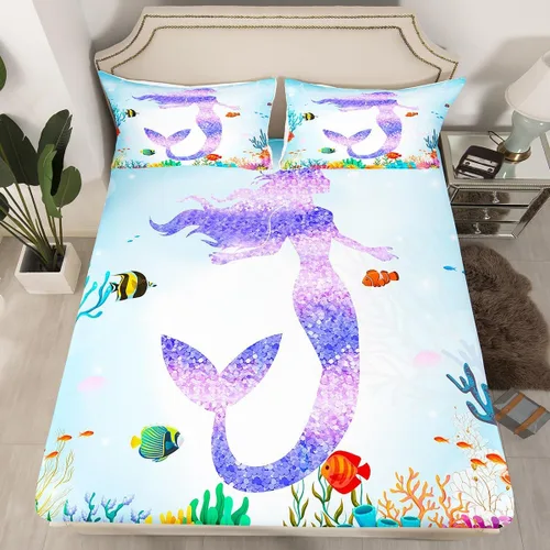 Miniatura 2 de Erosebridal Juego de sábanas de cola de sirena, tamaño individual para niños pequeños, sábana bajera ajustable de animales marinos náuticos