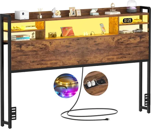 Aheaplus Cabecero para Cama Tamaño Queen con Almacenamiento, Cabeceros con Luz LED, Tomas de Corriente, Puertos USB Cabecero Tamaño Queen, Cabecero