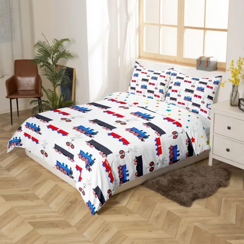 Miniatura 6 de Erosebridal Juego de funda de edredón de tren de dibujos animados para niños, color rojo y azul, funda de edredón de vehículos para niños
