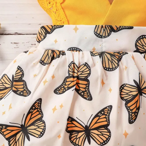 Miniatura 6 de Mameluco con estampado de manga mosca de encaje para niñas recién nacidas, conjunto de diadema para baile 2t (amarillo, 0-3 meses)