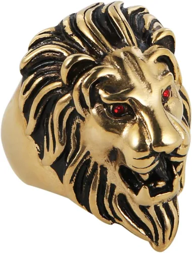 Miniatura 2 de HZMAN Anillo vintage de acero inoxidable 316L para hombre, diseño de león, ojos rojos, metal pesado, rock, estilo punk, gótico, plateado, dorado