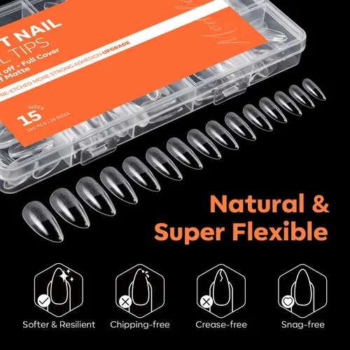 Miniatura 7 de Modelones 240 puntas de uñas de gel de almendra, uñas de gel suave de cobertura completa de grano 40 pregrabadas, medio mate, 15 tamaños, puntas