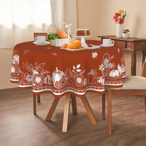 Miniatura 12 de Yighty Mantel Redondo de Navidad de 60 x 60 pulgadas, Mantel de Mesa de Decoración Navideña de Árbol y Alce, Poliéster Impermeable y Resistente a