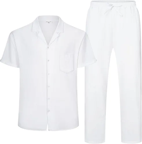 Miniatura 5 de RPOVIG Conjunto de camisa de lino y pantalones: conjuntos de lino de 2 piezas para hombre, camisas de manga corta, pantalones de yoga, trajes