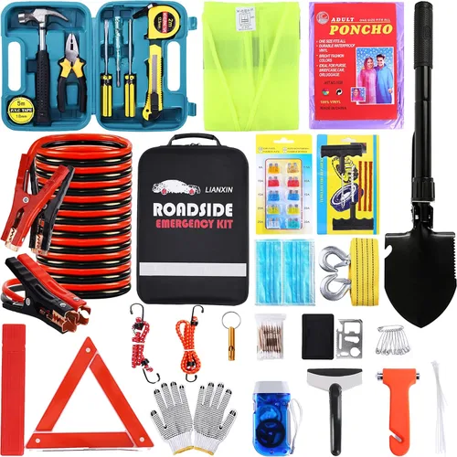 LIANXIN Kit de Emergencia para Automóvil en Carretera - Kit de Seguridad para Automóvil Kit de Emergencia para Automóvil con Cables Puente Kit de