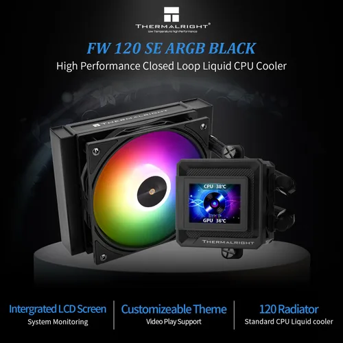Miniatura 2 de Thermalright FW SE 120 ARGB Refrigeración por agua de CPU negra, 4.724 in Aio, con ventilador ARGB de 2000 RPM, pantalla de visualización de 2