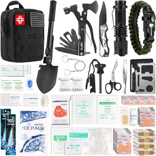 Kit de supervivencia de 320 piezas, kit de primeros auxilios, regalos para hombres, Navidad, papá, equipo de supervivencia con bolsa táctica Molle