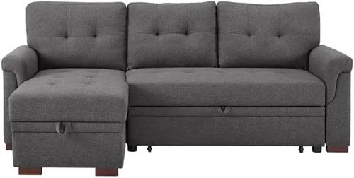 BOWERY HILL Sofá cama modular reversible de lino gris acero con almacenamiento, tapicería de mezcla de algodón, cama extraíble, cojines copetudos,