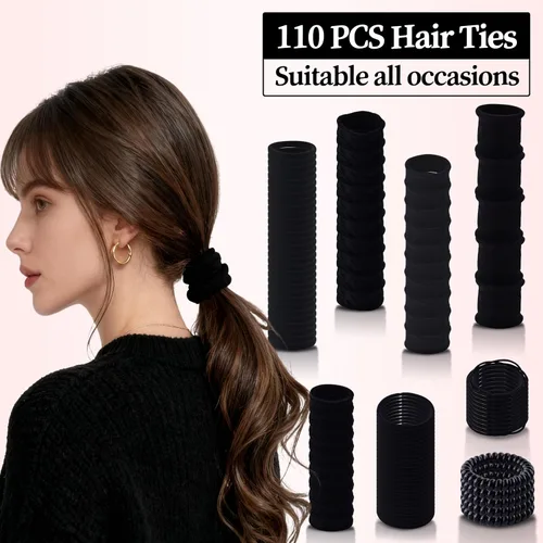 Miniatura 2 de 110 ligas negras para el cabello de varios estilos para mujeres, ligas elásticas para el cabello sin daños, soporte para cola de caballo