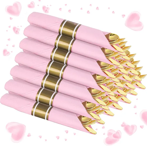 Miniatura 12 de Supernal Juego de 30 Cubiertos de Plástico Dorado Preenvueltos con Servilletas, Juego de Cubiertos de Plástico Envueltos, Utensilios Desechables