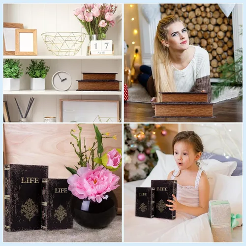 Miniatura 5 de SICOHOME Juego de 2 Cajas Decorativas para Libros de Madera, Caja de Libro Falso con Detalles de Cuero Sintético, Baratija Recuerdo Cofre del Tesoro