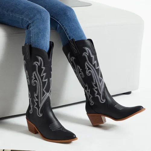 Miniatura 3 de Athlefit Botas vaqueras para mujer, botas vaqueras occidentales, a la moda, bordadas, punta puntiaguda, tacón grueso, botas de media pantorrilla