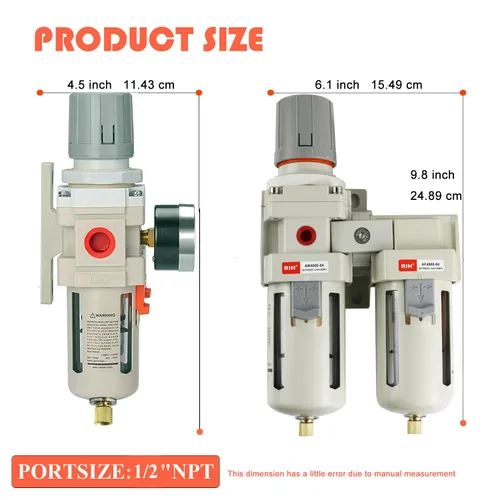 Miniatura 2 de RIH Sistema de secado de aire - Filtros de aire dobles NPT de 1/2 pulgada, filtro de partículas de 5 micras y regulador de presión de aire, calibre