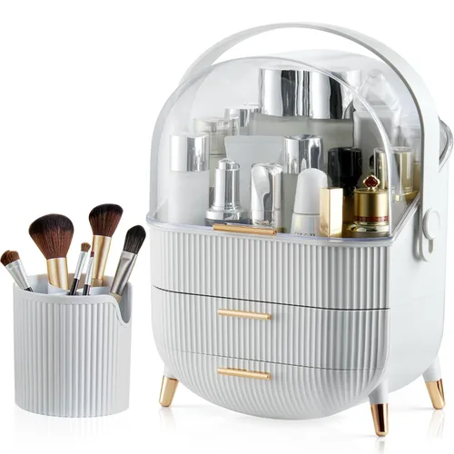 Miniatura 8 de CANITORON Organizador de maquillaje, organizador de cuidado de la piel de gran capacidad para tocador, organizador de cosméticos con 2 cajones