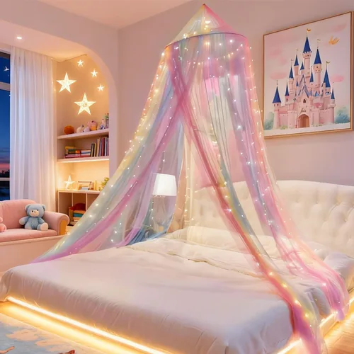 Miniatura 8 de Mosquitera de arco iris, toldo de cama de princesa para decoración de habitación de niñas o fiesta temática de unicornio