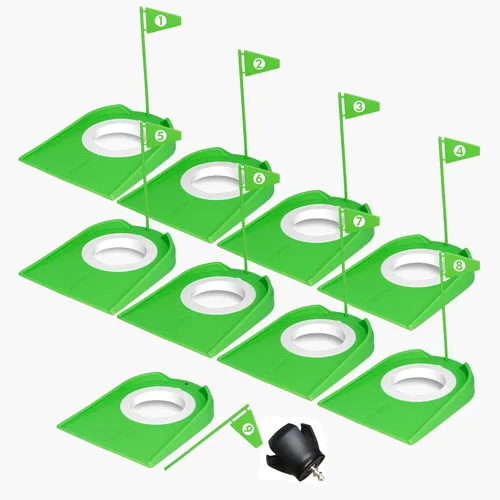 Paquete de 9 tazas de golf con banderas, ayudas de entrenamiento de golf de plástico con recuperador de pelotas de golf, juego de agujeros de Verde
