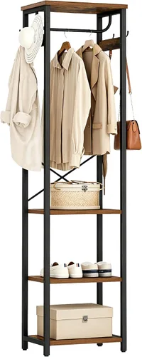 Perchero con Barra para Colgar, Estante para Ropa con 3 Estantes de Madera y 4 Ganchos, Árbol de Pasillo Independiente, Organizador de Perchero
