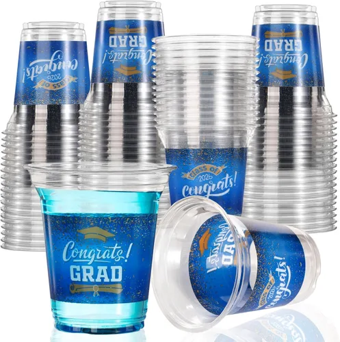 Decoraciones de graduación 2026-72 vasos de plástico de graduación azules de 14 onzas para fiestas de graduación, desechables, suministros