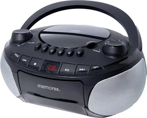 Memorex Reproductor de CD de carga superior AM/FM | Sistema estéreo portátil con memoria programable | Entrada auxiliar y pantalla LED (Negro, con