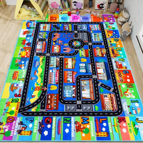 Miniatura 10 de Alfombra de juego para niños, alfombra de tráfico para carretera, 118 x 78.7 pulgadas, para sala de juegos, transporte ABC, alfombra educativa