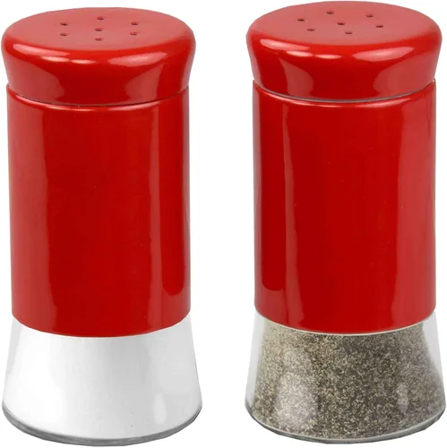 Home Basics - Salero y pimentero de acero inoxidable de estilo retro (rojo), 2 piezas para sal, pimienta, comino, canela, pimentón y más, con bases