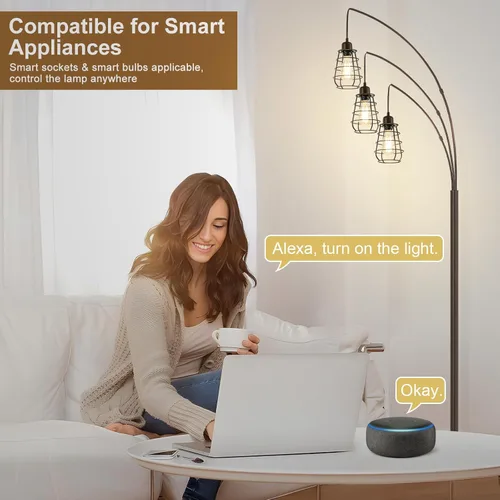 Miniatura 4 de Lámpara de Pie Industrial, Lámpara de Pie de Arco de 3 Luces para Sala de Estar, Lámpara de Pie Alta de 76 Pulgadas con Pantallas de Jaula de Metal