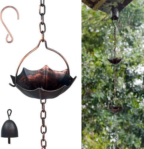 Miniatura 9 de Invech Cadenas de lluvia ajustables de 12.5 pies para canalones, cadenas de lluvia exteriores con 12 tazas, cadena colectora de lluvia